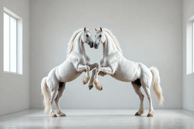 The primary subject of the image is two white horses standing next to each other on a white surface. The setting appears to be a studio or a controlled environment, as the horses are posed in a way that suggests they are part of a photoshoot or an artistic project. The visual style of the image is a combination of photo and digital art, as it captures the horses' movements and expressions while maintaining a clean and polished appearance. The colors and mood of the image are predominantly white, which gives it a