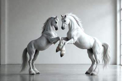 The primary subject of the image is two white horses standing next to each other on a wooden floor. The setting is a white room, which provides a clean and minimalistic backdrop for the horses. The visual style of the image is a combination of photo and digital art, creating a realistic yet artistic representation of the horses. The colors and mood of the image are predominantly white, giving it a calm and serene atmosphere.