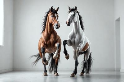 The primary subject of the image is two horses standing next to each other on a white surface. The setting appears to be a studio or a controlled environment, as the horses are posed in a way that suggests they are part of a photoshoot or an artistic project. The visual style of the image is a combination of photo and digital art, as it captures the horses' movement and details while maintaining a clean and polished appearance. The colors and mood of the image are predominantly white, which gives it a clean