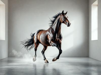Primary subject: A horse running on a white surface.

Setting/background: The horse is running on a white surface, which could be a white wall or a white floor.

Visual style: The image is a photo of the horse running.

Colors and mood: The image has a black and white color scheme, giving it a classic and timeless feel. The horse's movement and the white surface create a sense of energy and motion.