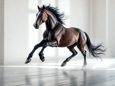 Primary subject: A horse running on a wooden floor.

Setting/background: The horse is running in a room with a white wall.

Visual style: The image is a photo of the horse in motion.

Colors and mood: The image has a black and white color scheme, giving it a classic and timeless feel.