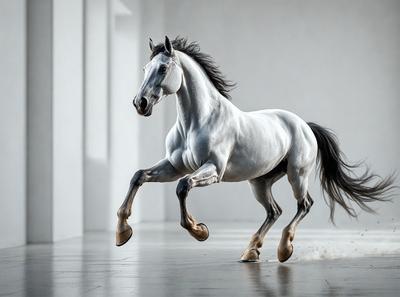 Primary subject: A white horse running on a white surface.

Setting/background: The horse is running in a white room, which appears to be a studio.

Visual style: The image is a black and white photo.

Colors and mood: The image has a monochromatic color scheme, giving it a classic and timeless feel. The horse's movement and the white room create a sense of energy and dynamism.