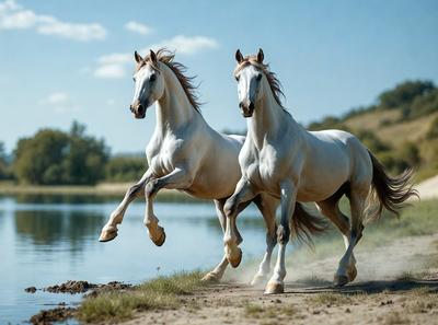 The primary subject of the image is two white horses running together in a field. They are the main focus of the scene, and their movement and interaction with each other create a dynamic and lively atmosphere. The setting is a grassy field near a body of water, which adds to the natural and serene environment. The visual style of the image is a photo, capturing the horses in their natural habitat. The colors and mood of the image are predominantly warm and vibrant, with the white horses standing out against the green