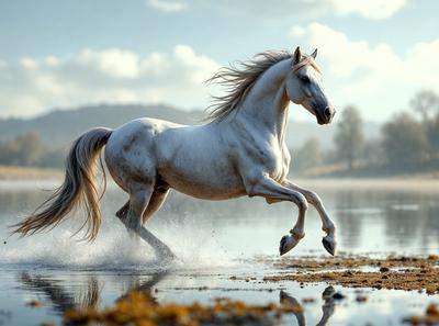 Primary subject: A white horse running through a body of water.

Setting/background: The horse is running through a lake, with a mountainous background.

Visual style: The image is a photo of the horse in motion.

Colors and mood: The image has a vibrant and lively atmosphere, with the white horse standing out against the natural backdrop.