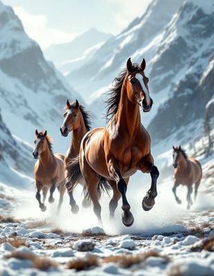Primary subject: A group of horses running through a snowy mountain pass.

Setting/background: The scene takes place in a snowy mountain pass, with the horses running through the snow.

Visual style: The image is a photo of the horses running in the snow.

Colors and mood: The dominant colors are white and brown, with the snow and the horses' fur. The overall atmosphere is energetic and dynamic, as the horses are running and enjoying the snowy environment.
