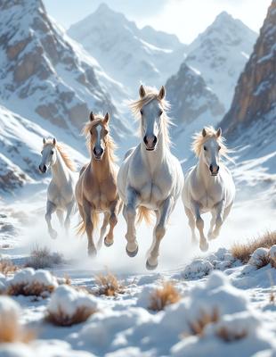 Primary subject: Four white horses running in the snow.

Setting/background: A snowy mountain range serves as the backdrop for the scene.

Visual style: The image is a photo of the four horses running in the snow.

Colors and mood: The dominant colors are white and snowy, creating a cold and serene atmosphere.
