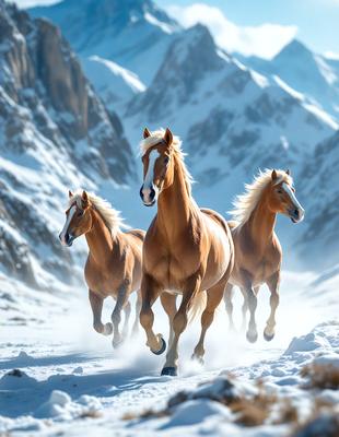 Primary subject: Three brown horses running through the snow.

Setting/background: A snowy mountain range serves as the backdrop for the scene.

Visual style: The image is a photo of the three horses running in the snow.

Colors and mood: The dominant colors are brown and white, with the snow adding a cold and wintry atmosphere to the scene.