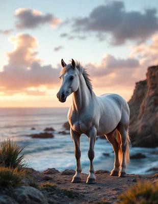 Primary subject: A white horse standing on a cliff overlooking the ocean.

Setting/background: The horse is standing on a rocky cliff, with the ocean in the background.

Visual style: The image is a digital artwork, featuring a white horse with a detailed and realistic appearance.

Colors and mood: The image has a serene and peaceful atmosphere, with the white horse and the ocean creating a sense of calmness and tranquility.