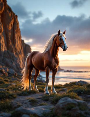 Primary subject: A brown horse with a white face standing on a grassy hillside.

Setting/background: The horse is standing on a grassy hillside with a rocky cliff in the background. The sun is setting, creating a beautiful and serene atmosphere.

Visual style: The image is a photo of the horse in its natural environment.

Colors and mood: The dominant colors are brown and white, with the sunset adding warm hues to the scene. The overall atmosphere is peaceful and