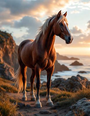 Primary subject: A brown horse standing on a grassy hill.

Setting/background: The horse is standing on a grassy hill with a beautiful ocean view in the background.

Visual style: The image is a photo of the horse on the hill.

Colors and mood: The image has a warm and serene atmosphere, with the brown horse and the ocean view creating a sense of tranquility.