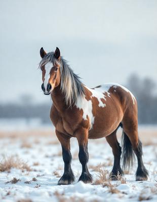 Primary subject: A brown and white horse standing in a snowy field.

Setting/background: The horse is standing in a snow-covered field, with a mountain in the background.

Visual style: The image is a photo of the horse in the snowy field.

Colors and mood: The dominant colors in the image are brown, white, and shades of gray, creating a cold and wintry atmosphere.