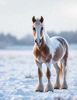The primary subject of the image is a brown and white horse standing in a snowy field. The horse is the main focus of the image, and it appears to be looking at the camera. The setting is a snowy field with trees in the background, creating a serene and wintry atmosphere. The visual style of the image is a photo, capturing the horse in its natural environment. The colors and mood of the image are predominantly white and cold, with the horse's brown and white fur standing out against the snow