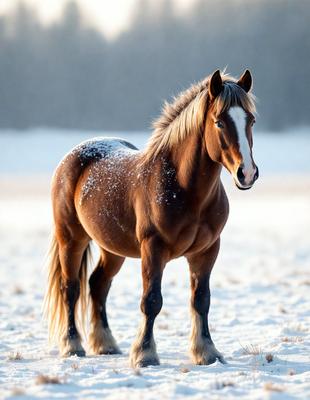 Primary subject: A brown horse with a white face standing in the snow.

Setting/background: The horse is standing in a snowy field, with a forest in the background.

Visual style: The image is a photo of the horse in the snow.

Colors and mood: The dominant colors are brown and white, with a cold and wintry atmosphere.