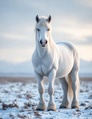 The primary subject of the image is a white horse standing in a snowy field. The horse is the main focus of the image, and it appears to be looking at the camera. The setting is a snowy field, and the visual style is a photo. The colors in the image are predominantly white and gray, creating a cold and serene atmosphere.
