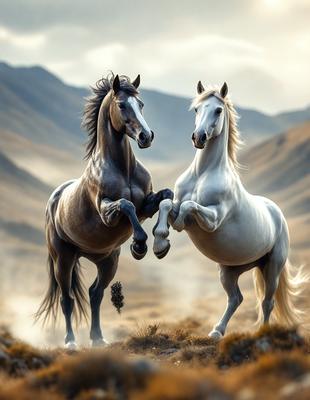 Primary subject: Two horses standing next to each other.

Setting/background: A mountainous landscape with a rocky terrain.

Visual style: A photo of the two horses.

Colors and mood: The image is in black and white, giving it a classic and timeless feel. The horses are the main focus, and their interaction with each other adds a sense of connection and companionship to the scene.