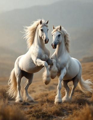 Primary subject: Two white horses standing in a field.

Setting/background: The horses are standing in a grassy field with mountains in the background.

Visual style: The image is a photo of the two horses.

Colors and mood: The horses are white, and the overall atmosphere is serene and peaceful.
