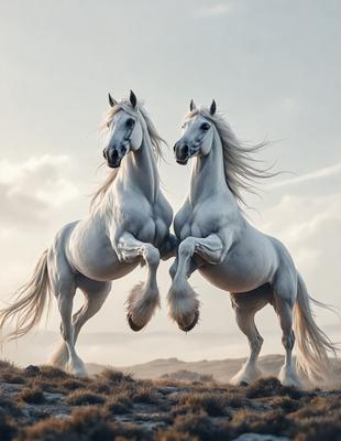 Primary subject: Two white horses standing next to each other.

Setting/background: The horses are standing on a grassy field with a mountain in the background.

Visual style: The image is a digital artwork featuring two white horses.

Colors and mood: The image has a warm and serene atmosphere, with the white horses and the green grass creating a sense of harmony and tranquility.