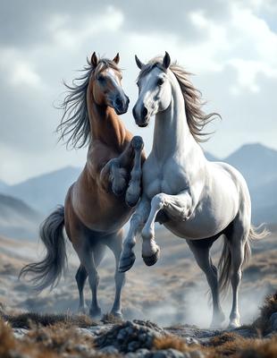 The primary subject of the image is a pair of horses, one brown and the other white, standing next to each other in a grassy field. The setting is a mountainous landscape, with a mountain visible in the background. The visual style of the image is digital art, as it appears to be a painting or drawing of the horses. The colors and mood of the image are warm and serene, with the horses' presence creating a sense of harmony and connection with nature.