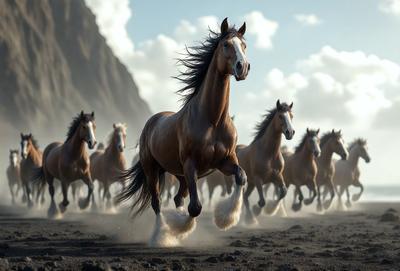 Primary subject: A brown horse with a flowing mane, galloping through a dusty field.

Setting/background: The horse is galloping through a dusty field, with a mountain in the background.

Visual style: The image is a digital art or illustration of the horse running through the field.

Colors and mood: The dominant colors are brown and dusty, creating a sense of motion and energy. The overall atmosphere is dynamic and energetic.