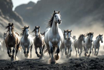 Primary subject: A white horse running in a dusty field.

Setting/background: The horse is running in a dusty field with mountains in the background.

Visual style: The image is a photo of the horse running in the field.

Colors and mood: The image has a sepia tone, giving it a warm and nostalgic atmosphere.
