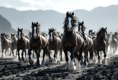 The primary subject of the image is a herd of horses, with a total of 13 horses visible. They are running together in a field, creating a sense of movement and energy. The setting is an open field with mountains in the background, providing a picturesque and natural backdrop. The visual style of the image is a photo, capturing the horses in their natural environment. The colors and mood of the image are predominantly earthy tones, with the horses' coats and the field's soil creating a