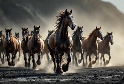 Primary subject: A brown horse running in a dusty field.

Setting/background: The horse is running in a dusty field, with a mountain in the background.

Visual style: The image is a photo of the horse running in the field.

Colors and mood: The dominant colors are brown and dusty, creating a sense of motion and energy.