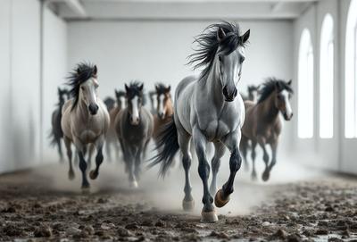 Primary subject: A group of horses running in a dirt field.

Setting/background: The horses are running in a dirt field, with a white wall in the background.

Visual style: The image is a photo of the horses running.

Colors and mood: The image has a sepia tone, giving it a vintage and nostalgic feel. The horses are running in the dirt, creating a sense of energy and freedom.