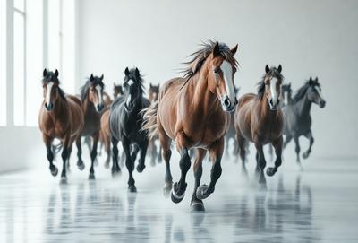 Primary subject: A brown horse running in a large room.

Setting/background: The horse is running on a concrete floor, with a white wall in the background.

Visual style: The image is a black and white photo.

Colors and mood: The dominant colors are black and white, creating a classic and timeless atmosphere.