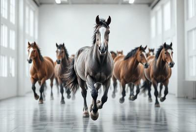 Primary subject: A horse running in a white room.

Setting/background: The horse is running on a white surface, which appears to be a room or an indoor track.

Visual style: The image is a black and white photo.

Colors and mood: The dominant colors are black and white, creating a classic and timeless atmosphere.