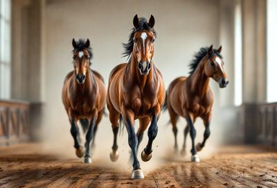 Primary subject: Three brown horses running in a row.

Setting/background: A dirt road or a dusty area.

Visual style: A photo of the three horses running.

Colors and mood: The horses are brown, and the overall atmosphere is energetic and dynamic.