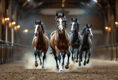 Primary subject: Horses
Setting/background: A dirt ground
Visual style: Photo
Colors and mood: Brown and black

In the image, there are five horses running in a dirt area. They are positioned in a line, with one horse slightly ahead of the others. The horses are brown and black, and their movement creates a dynamic and energetic scene. The dirt ground provides a natural and rustic backdrop for the horses, emphasizing their connection to nature and their wild nature