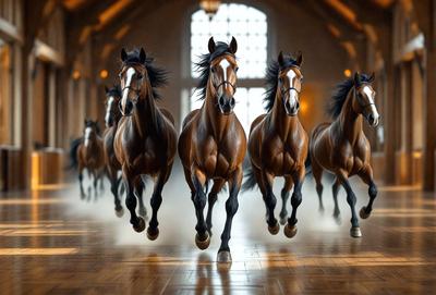 Primary subject: Horses
Setting/background: A large room with a wooden floor
Visual style: Photo
Colors and mood: The horses are brown and white, and the overall atmosphere is dynamic and energetic.