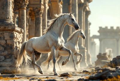 Primary subject: Two horses running on a dirt road.

Setting/background: The horses are running in front of a building, possibly an old church.

Visual style: The image is a photo of the two horses in motion.

Colors and mood: The scene is in black and white, giving it a classic and timeless feel.