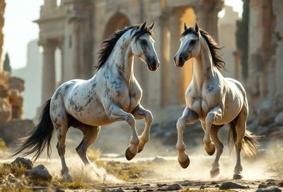 Primary subject: Two horses running in a field.

Setting/background: The horses are running in front of a building, which could be a temple or a similar structure.

Visual style: The image is a photo of the two horses in action.

Colors and mood: The image has a warm and dynamic atmosphere, with the horses' movement and the surrounding environment creating a sense of energy and liveliness.