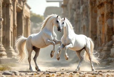 Primary subject: Two white horses running together.

Setting/background: A dirt road with a rocky surface.

Visual style: Digital art.

Colors and mood: The image is in black and white, giving it a classic and timeless feel.