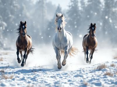 Primary subject: Three horses running through the snow.

Setting/background: The scene takes place in a snowy environment, with the horses running through the snow.

Visual style: The image is a photo of the three horses running through the snow.

Colors and mood: The dominant colors in the image are white and gray, representing the snowy environment. The overall atmosphere is energetic and dynamic, as the horses are running and enjoying the winter landscape.