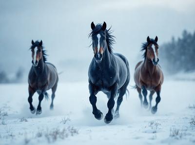 Primary subject: A group of three horses running through the snow.

Setting/background: The scene takes place in a snowy field, with the horses running through the snow.

Visual style: The image is a photo of the horses running in the snow.

Colors and mood: The dominant colors in the image are white and gray, representing the snowy environment. The overall atmosphere is energetic and dynamic, as the horses are running and enjoying the winter landscape.