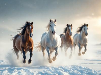 Primary subject: Horses
Setting/background: Snowy field
Visual style: Photo
Colors and mood: White and brown, with a snowy atmosphere