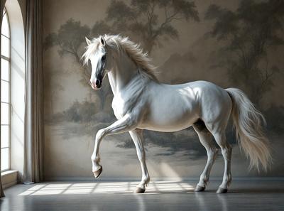 The primary subject of the image is a white horse standing on a wooden floor. The horse is positioned in the center of the scene, and its body is facing the viewer. The setting is a room with a wall painted with a tree scene, which serves as the background. The visual style of the image is a photo, capturing the horse in its natural environment. The colors and mood of the image are predominantly white, giving it a clean and serene atmosphere.