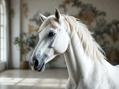 The primary subject of the image is a white horse with a flowing mane. The horse is standing in a room with a white wall, and there is a potted plant nearby. The visual style of the image is a photo, and the colors and mood are predominantly white, giving the scene a clean and serene atmosphere.