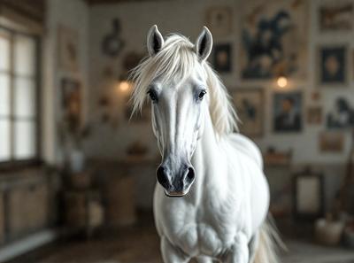 The primary subject of the image is a white horse with a blonde mane. The horse is standing in a room with a white wall, and there are several pictures on the wall. The setting appears to be a studio or a room with a focus on the horse. The visual style of the image is a photo, and the colors and mood are predominantly white, giving the scene a clean and serene atmosphere.