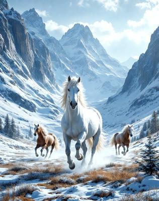 Primary subject: A white horse running through a snowy mountain range.

Setting/background: The horse is running through a snowy mountain range, with a beautiful landscape in the background.

Visual style: The image is a digital artwork, featuring a white horse in a snowy environment.

Colors and mood: The image has a cold and serene atmosphere, with the white horse and snowy mountains creating a striking contrast against the white background.