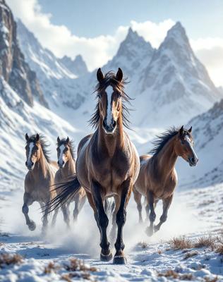 Primary subject: A group of horses running through the snow.

Setting/background: The scene takes place in a snowy mountain range, with the horses running through the snow-covered terrain.

Visual style: The image is a photo of the horses running in the snow.

Colors and mood: The dominant colors in the image are white and gray, representing the snowy environment. The overall atmosphere is energetic and dynamic, as the horses are running and enjoying the winter landscape.
