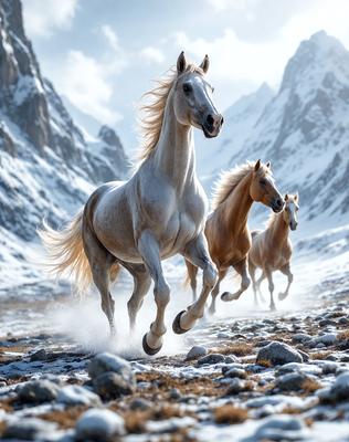 Primary subject: A white horse running in the snow.

Setting/background: A snowy mountain range in the background.

Visual style: A photo of the horse in motion.

Colors and mood: The image is in black and white, giving it a classic and timeless feel. The white horse stands out against the snowy background, creating a sense of motion and energy.
