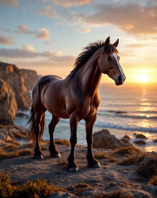 Primary subject: A brown horse standing on a rocky hillside near the ocean.

Setting/background: The horse is standing on a rocky hillside with a beautiful ocean view in the background.

Visual style: The image is a photo of the horse standing on the rocky hillside.

Colors and mood: The image has a warm and serene atmosphere, with the brown horse and the ocean creating a picturesque scene.
