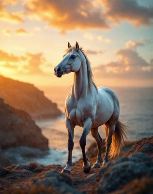Primary subject: A white horse standing on a hill overlooking the ocean.

Setting/background: The horse is standing on a rocky hillside, with the ocean in the background.

Visual style: The image is a photo of the horse on the hill.

Colors and mood: The image has a warm and serene atmosphere, with the white horse standing against the backdrop of the ocean.