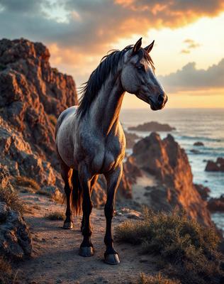 Primary subject: A horse standing on a cliff overlooking the ocean.

Setting/background: The horse is standing on a rocky cliff, with the ocean in the background.

Visual style: The image is a photo of the horse on the cliff.

Colors and mood: The image has a warm and serene atmosphere, with the horse and the ocean creating a picturesque scene.