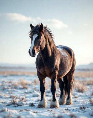 Primary subject: A brown and white horse standing in a snowy field.

Setting/background: The horse is standing in a snowy field, with a sky background.

Visual style: The image is a photo of the horse in the snowy field.

Colors and mood: The dominant colors are brown, white, and shades of gray, creating a cold and wintry atmosphere.