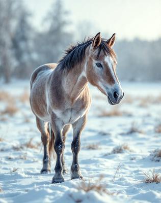 The primary subject of the image is a brown horse standing in a snowy field. The horse is the main focus of the image, and it appears to be looking at the camera. The setting is a snowy field, and the visual style is a photo. The dominant colors in the image are white and brown, creating a cold and wintry atmosphere.