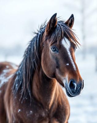 The primary subject of the image is a brown horse with a white stripe on its face. The horse is standing in a snowy field, which serves as the setting for the scene. The visual style of the image is a photo, capturing the horse's features and the winter landscape. The colors in the image are predominantly brown and white, with the snow adding a touch of coldness to the atmosphere.